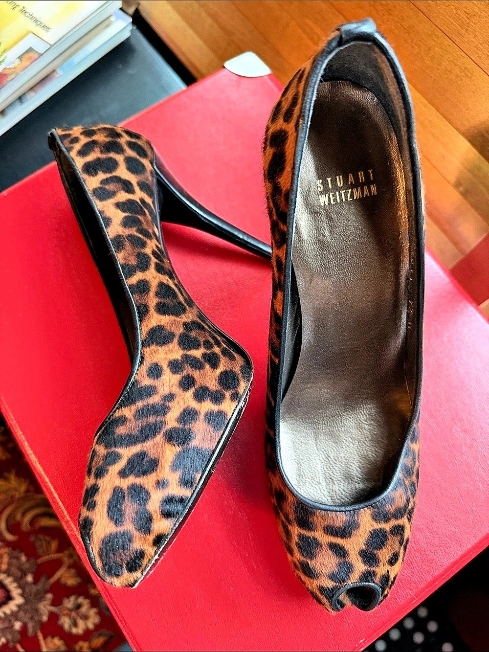 Stuart Weitzman Leopard Print Peep Toe Heels Brown & Black US 9.5